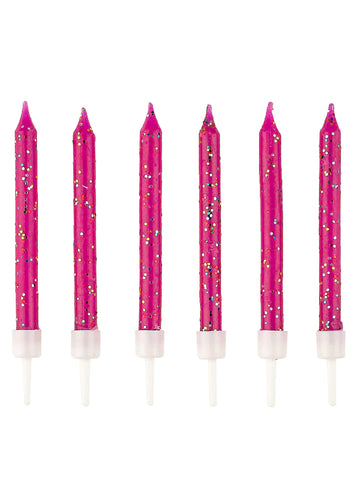 12 розови фуксия брокатени свещички за рожден ден 6 cm с поставки 