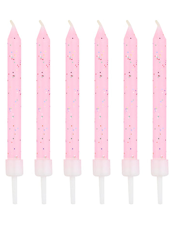 12 розови блестящи свещички 7,5 cm с поставки за свещи 