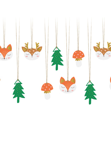 12 étiquettes en carton forêt de Noël pour décoration multicolores avec ficelle dorée