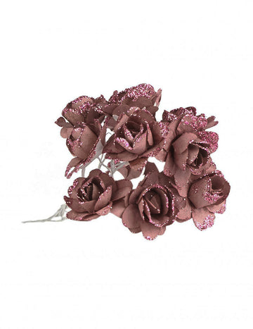 12 розово-златни брокатени хартиени цветя 9 cm гъвкаво стъбло