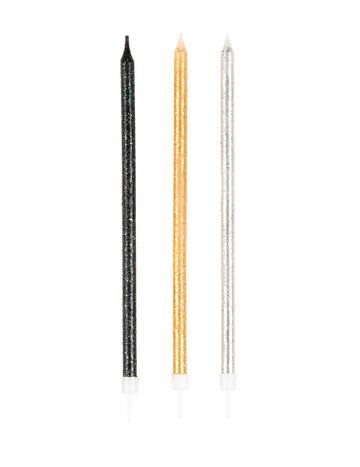 12 Големи брокатени свещи в черно, златисто и сиво 15 cm 