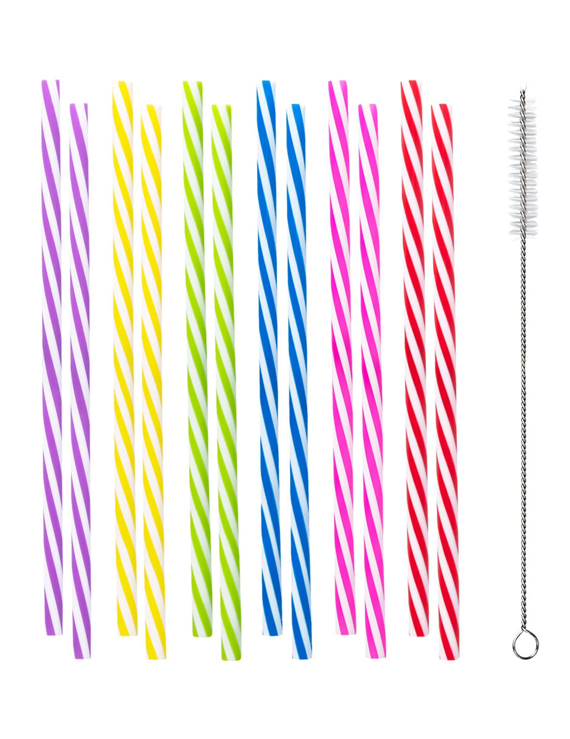 12 pailles en plastique réutilisable rayées pour fête multicolores avec goupillon de nettoyage