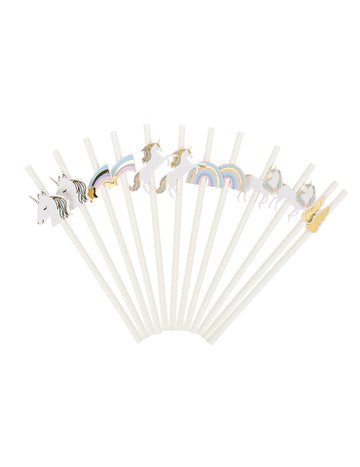 12 пастелни и златни сламки еднорог 19.5 cm за рожден ден