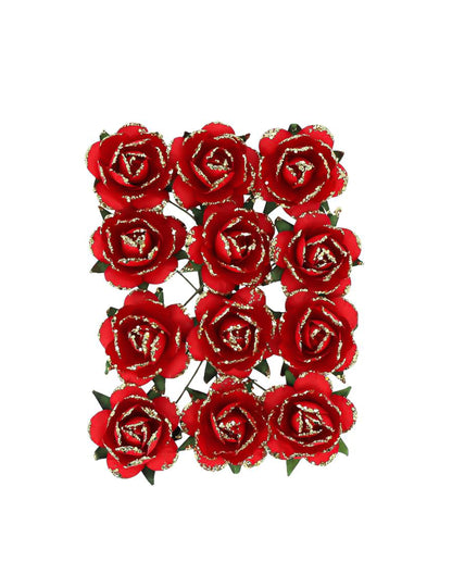 12 roses en papier sur tige rouge et or 3,5 cm