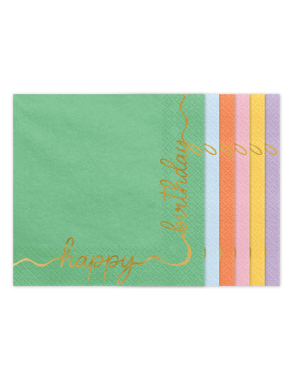 12 хартиени салфетки Happy Birthday в пастелни цветове и злато 33 × 33 cm