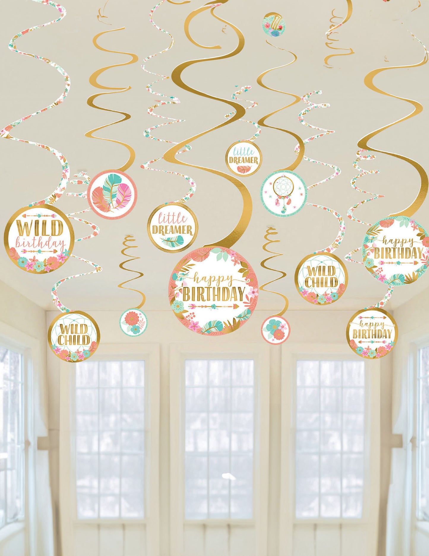 12 златни и бели висящи декорации за рожден ден в стил бохо