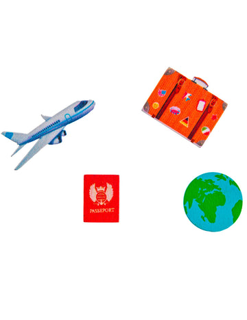 16 дървени конфети за маса, куфар с глобус, пътнически самолет