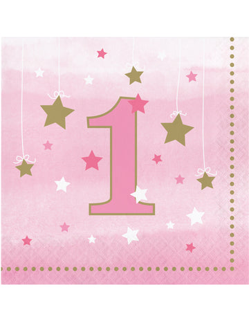 16 хартиени салфетки, на 1 година, розови и златни звезди One Little Star