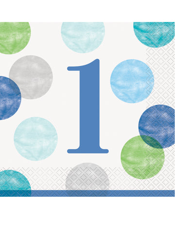 16 синьо-бели хартиени салфетки на точки за първи рожден ден, 33 x 33 cm