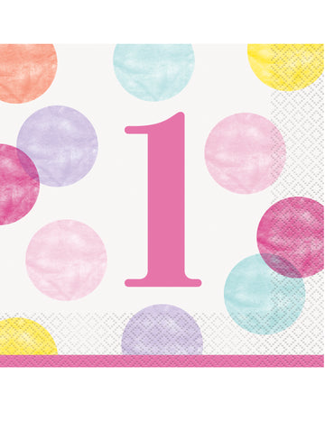 16 розови и бели хартиени салфетки на точки за първи рожден ден, 33 x 33 cm