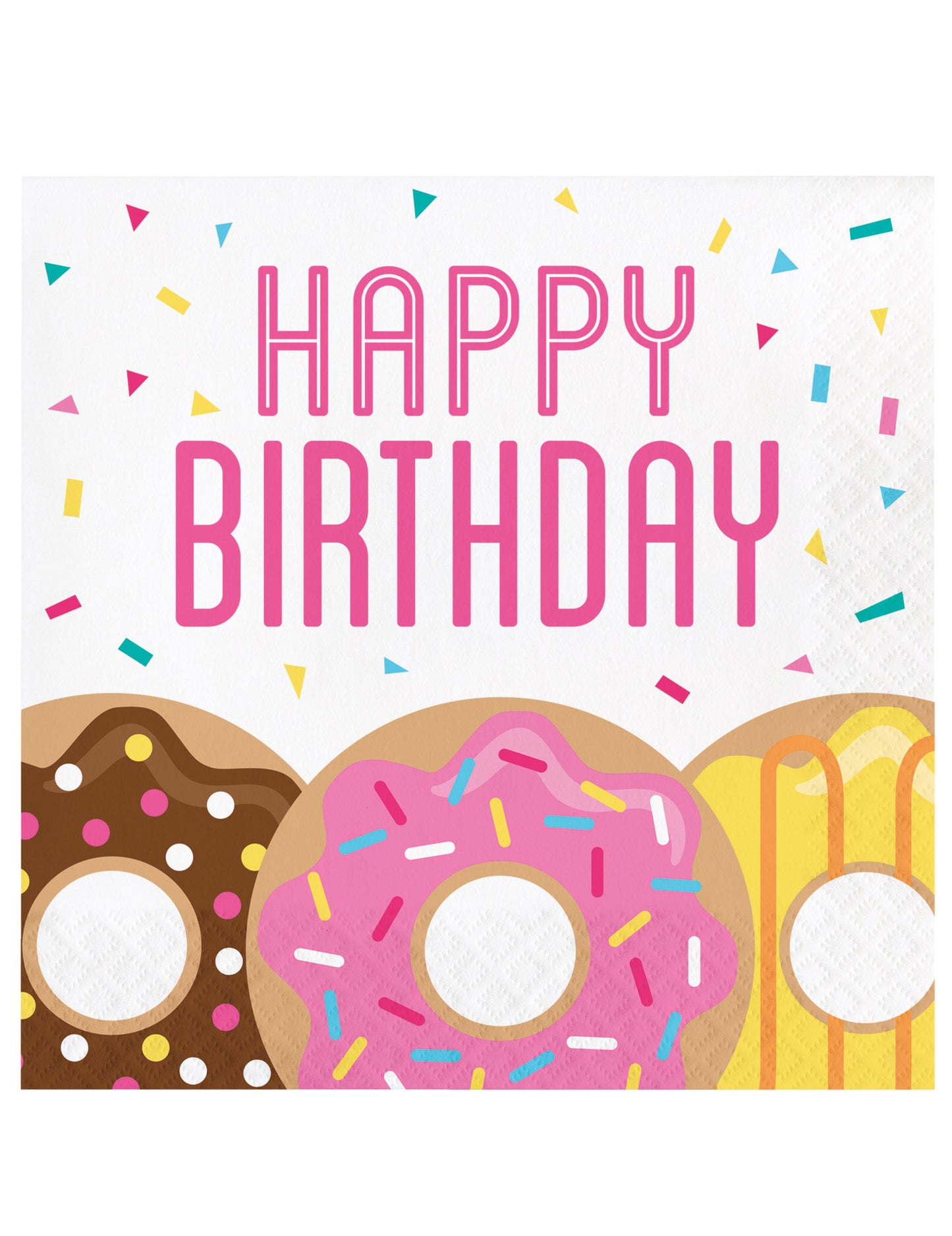 Serviettes en papier donuts pour anniversaire multicolores blanches et roses avec confettis