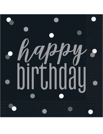 16 черни и сиви хартиени салфетки „Честит рожден ден“, 33 x 33 cm за рожден ден