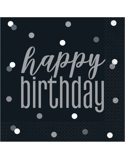 Serviettes en papier Happy Birthday pour anniversaire noires et grises