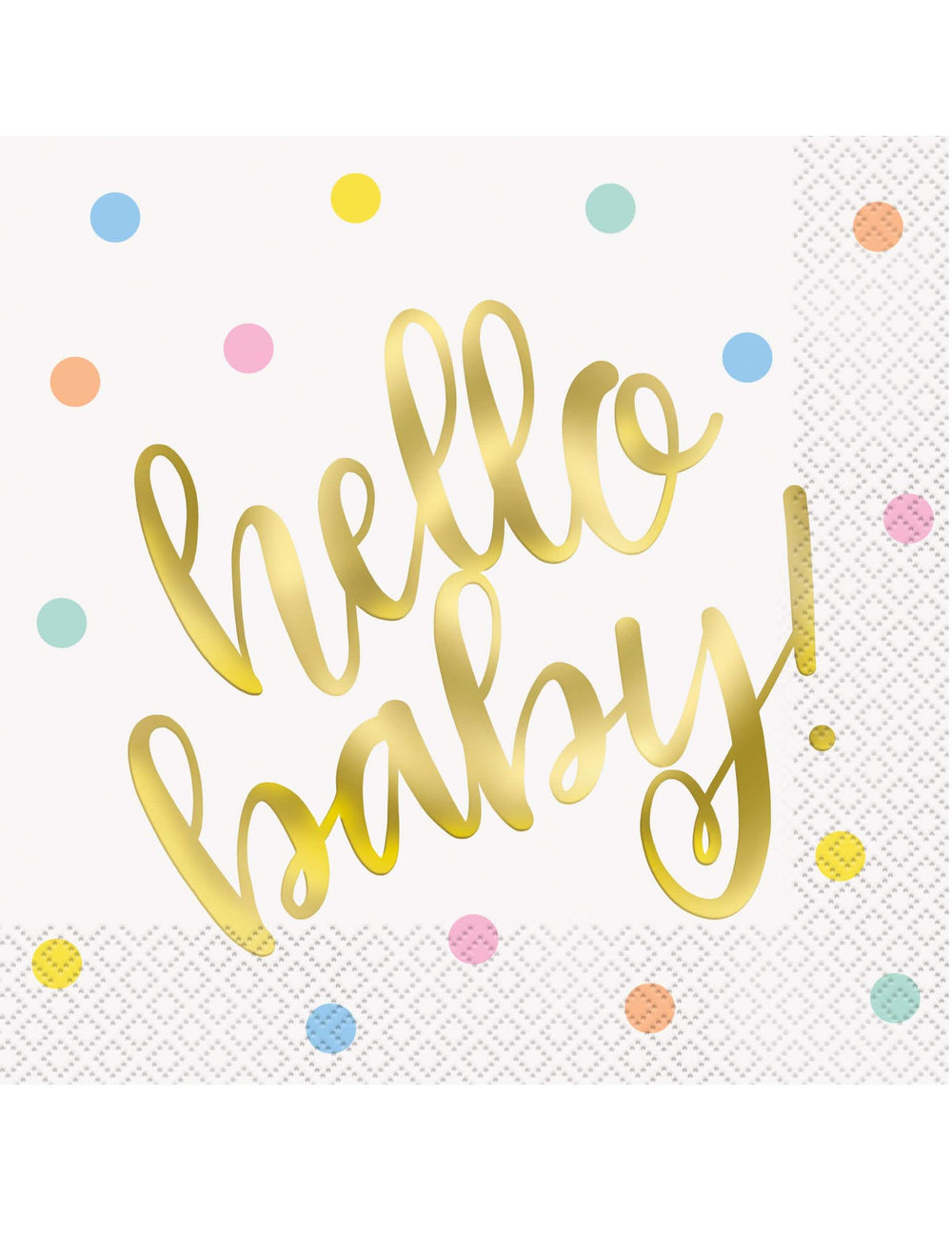 Serviettes en papier hello baby pour baby shower blanches et or avec pois multicolores