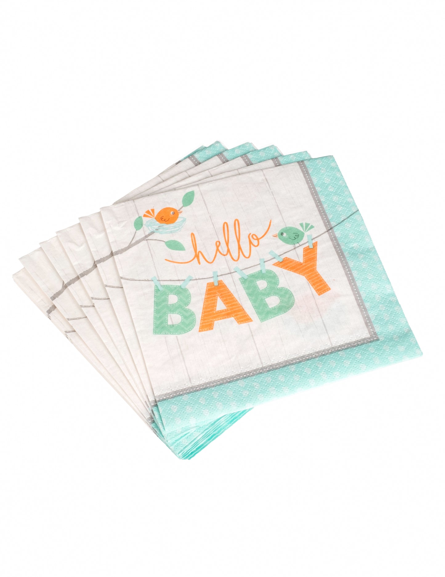 Vue de plusieurs serviettes en papier hello baby oiseaux pour baby shower