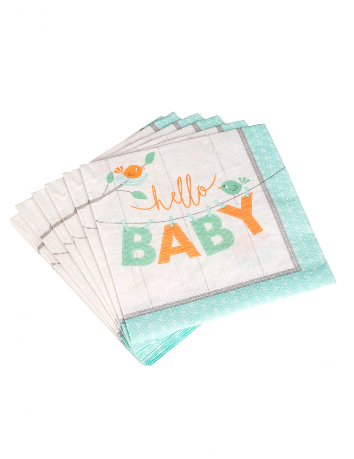 Изглед на няколко хартиени салфетки hello baby птици за бейби шауър