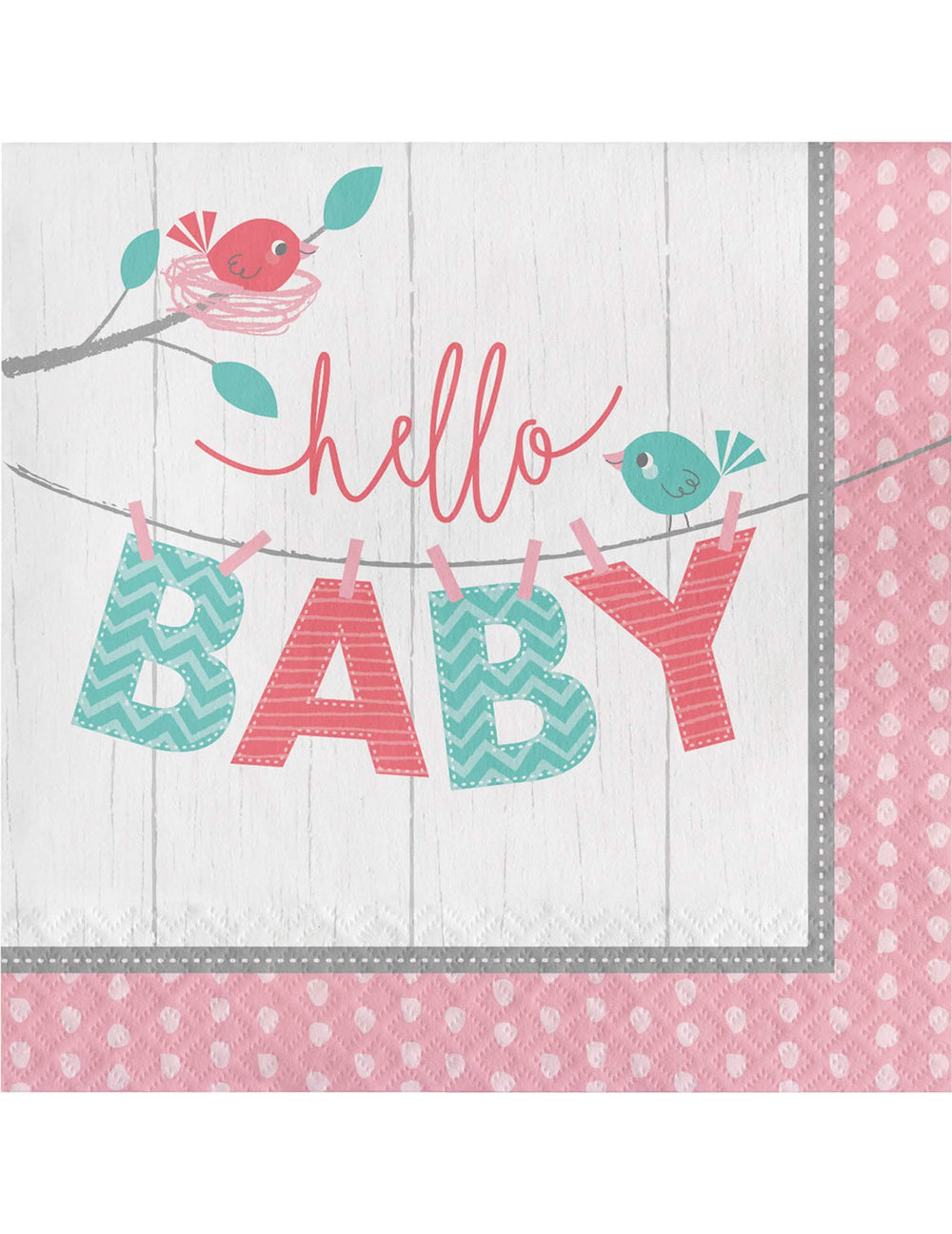 хартиени салфетки Hello Baby за кръщене розови с птици и гнездо