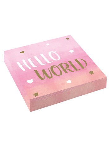 16 розово-златисти хартиени салфетки "Hello World", 33 x 33 см cm за бебешко парти