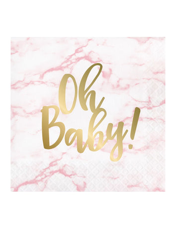 16 розови мраморни хартиени салфетки със златен принт "oh baby", 33 x 33 см cm