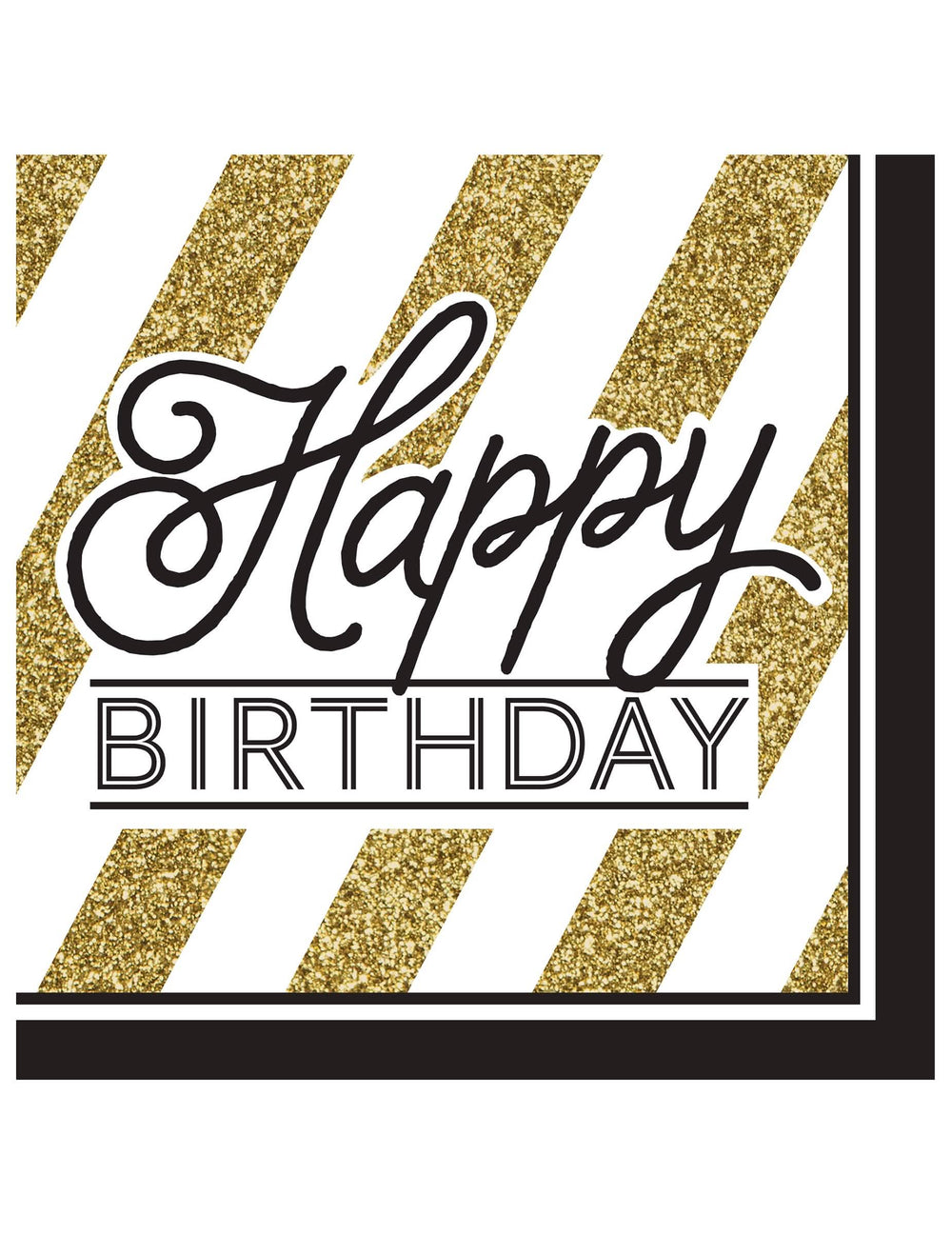 хартиени салфетки Happy Birthday за рожден ден черни и златни на ивици с брокатени блясъци