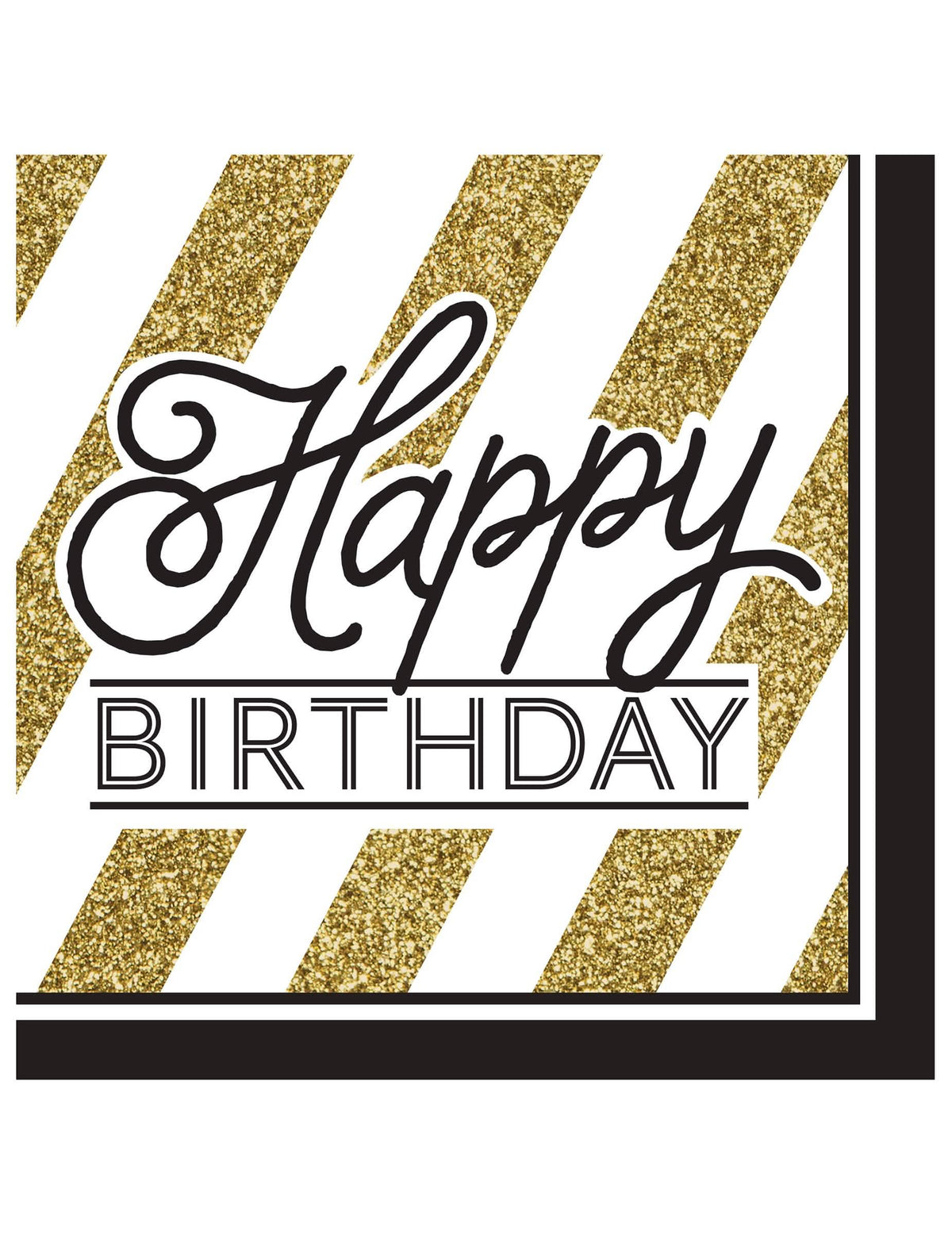 хартиени салфетки Happy Birthday за рожден ден черни и златни на ивици с брокатени блясъци