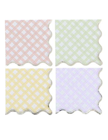 16 хартиени салфетки в лилаво, розово, жълто, зелено и златно, 33x33 см, с кариран мотив