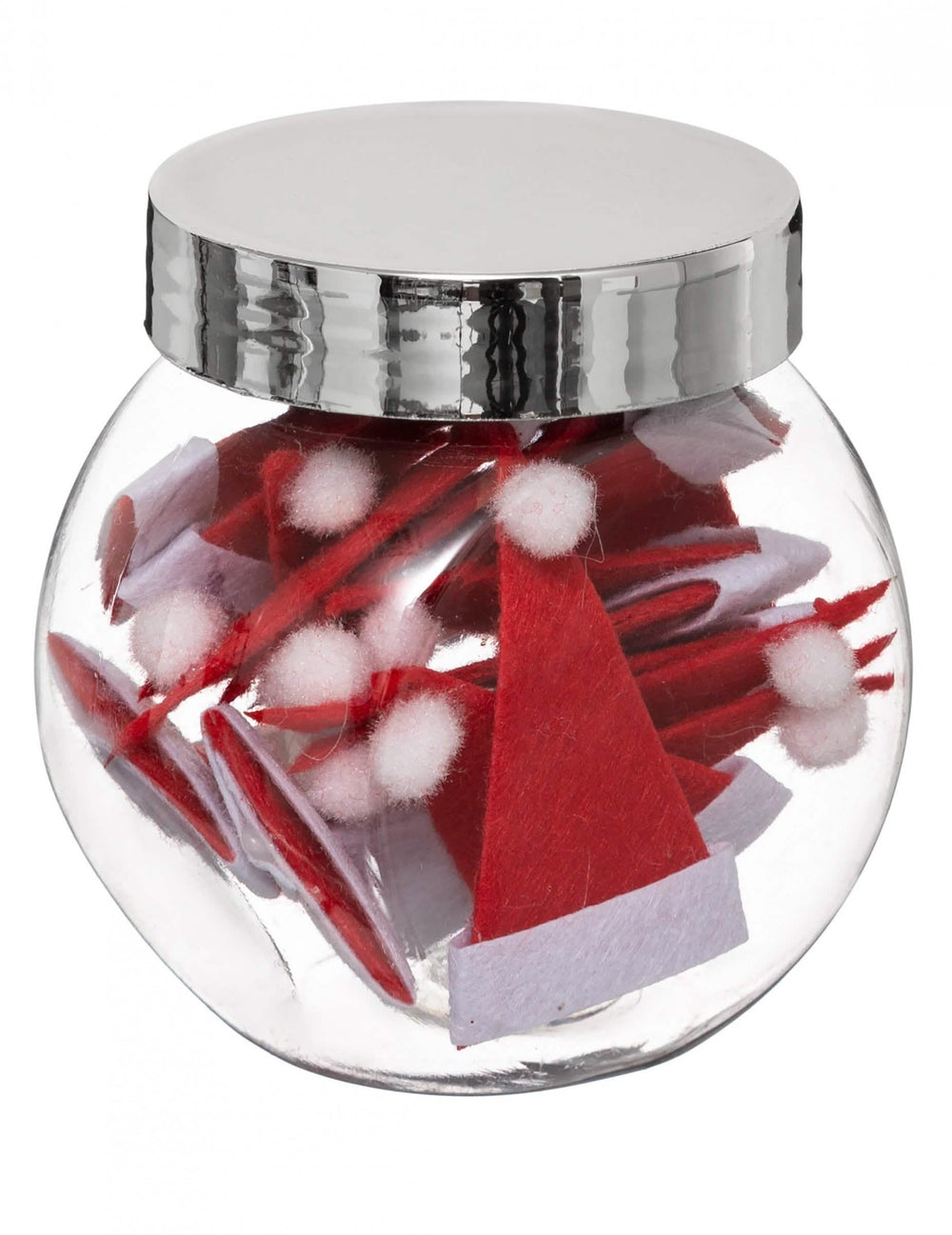 Petites décorations bonnet de Noël rouges et blanches dans un bocal en verre