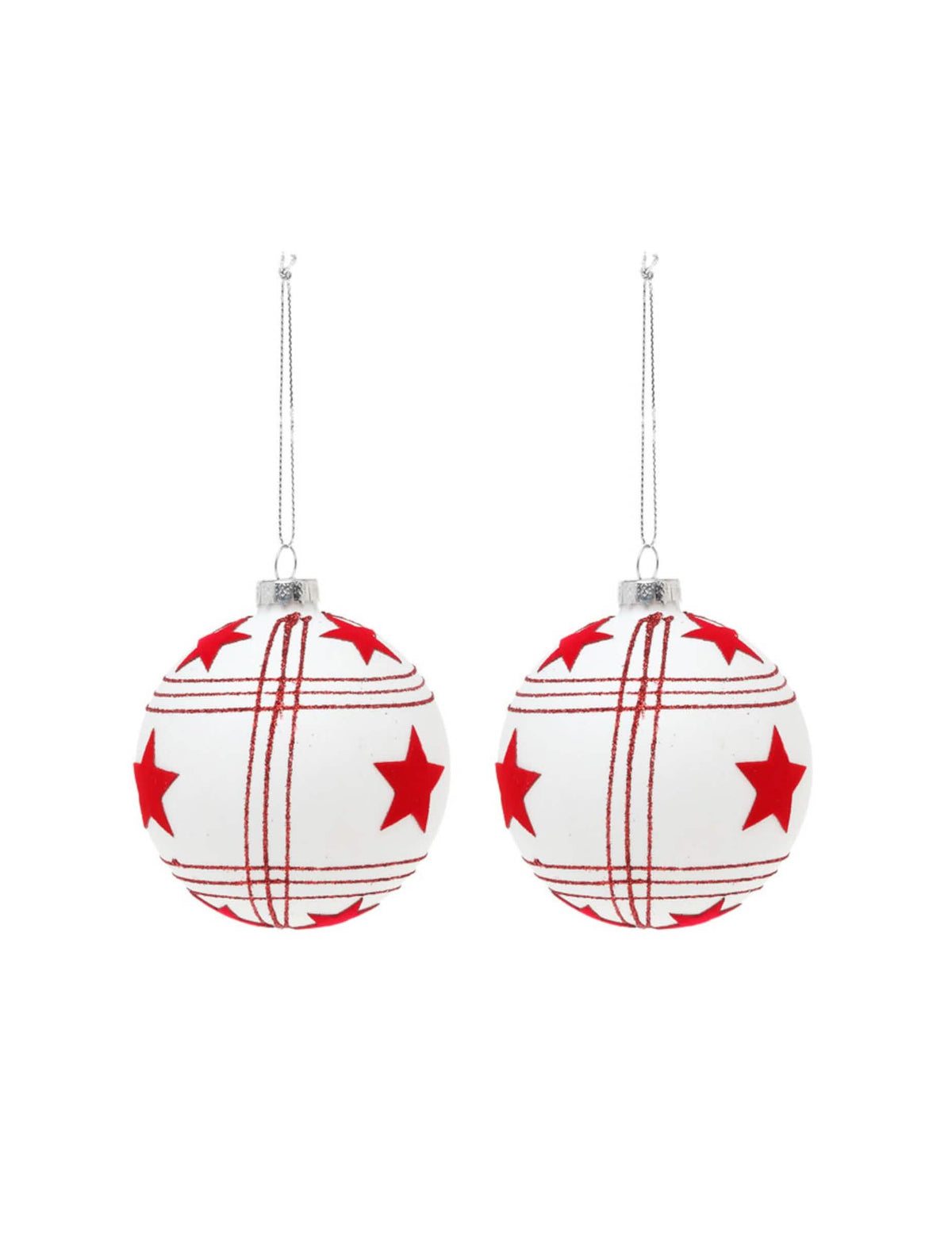 2 boules en verre de Noël avec étoiles rouges pour sapin blanches à motifs quadrillés