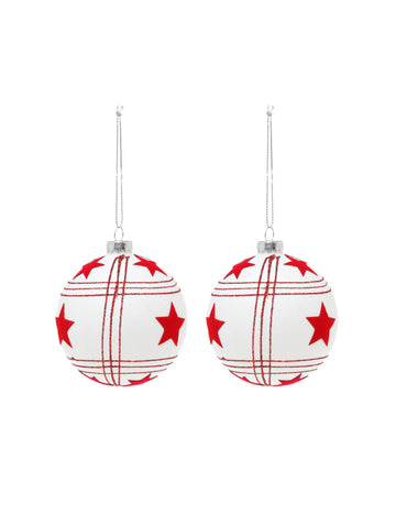 2 бели стъклени топки с червени звезди 8 cm 