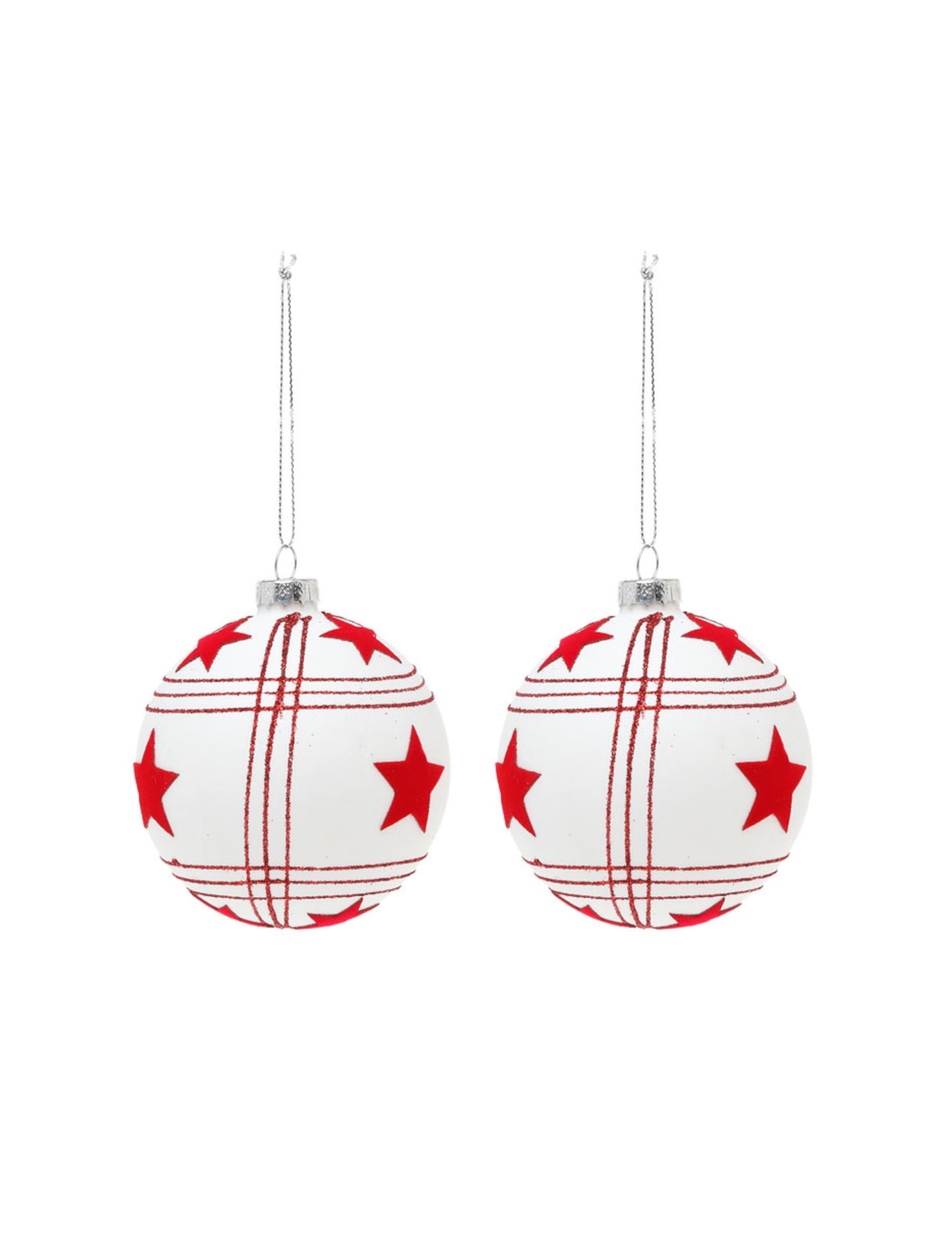 2 бели стъклени топки с червени звезди 8 cm за ела