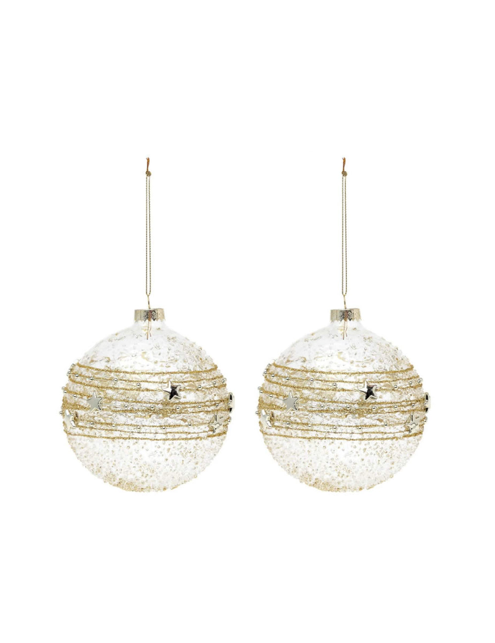 Boules en verre décoration de Noël doré avec fils scintillants et petites étoiles