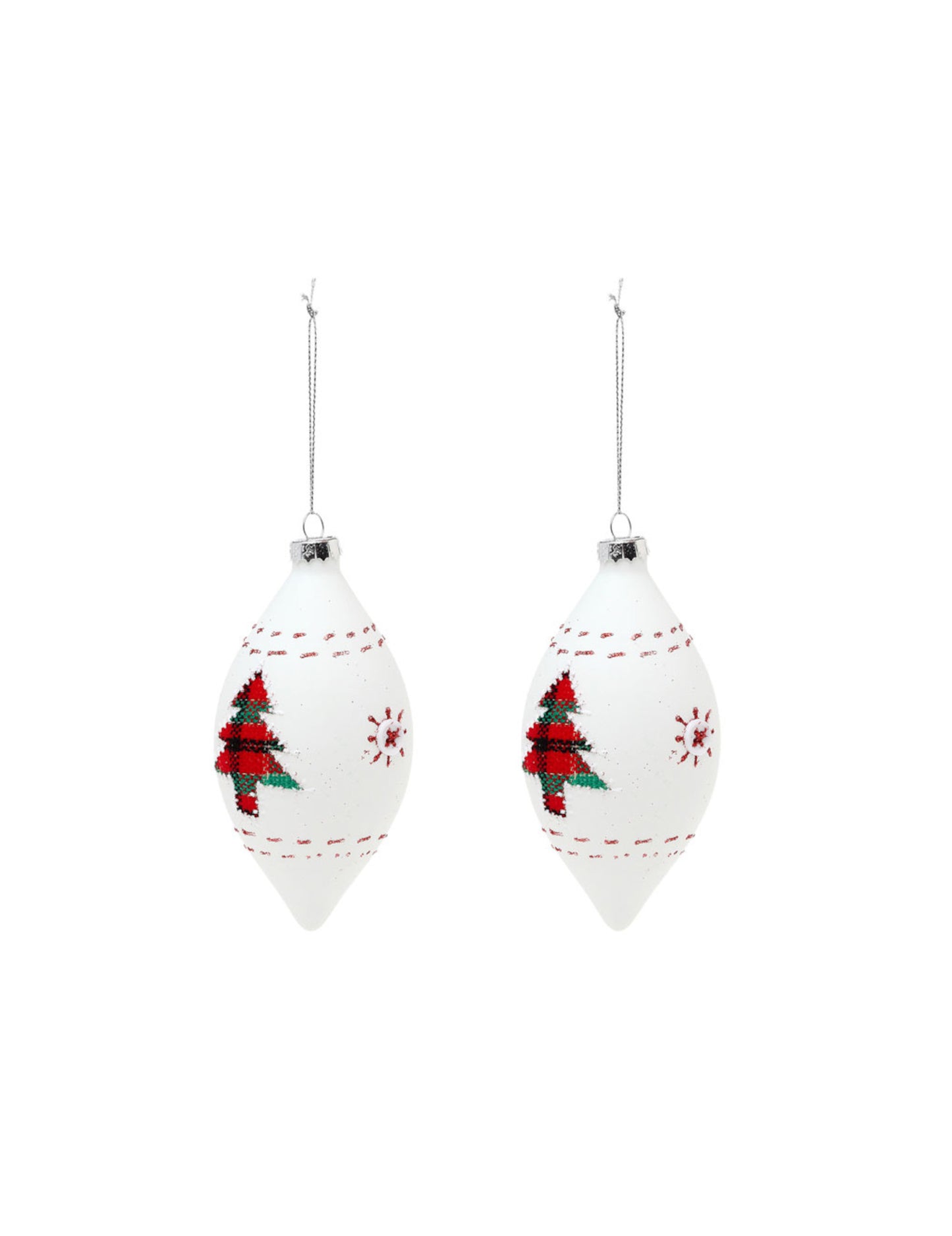 2 boules en verre goutte décor traditionnel blanches avec sapins rouges et verts