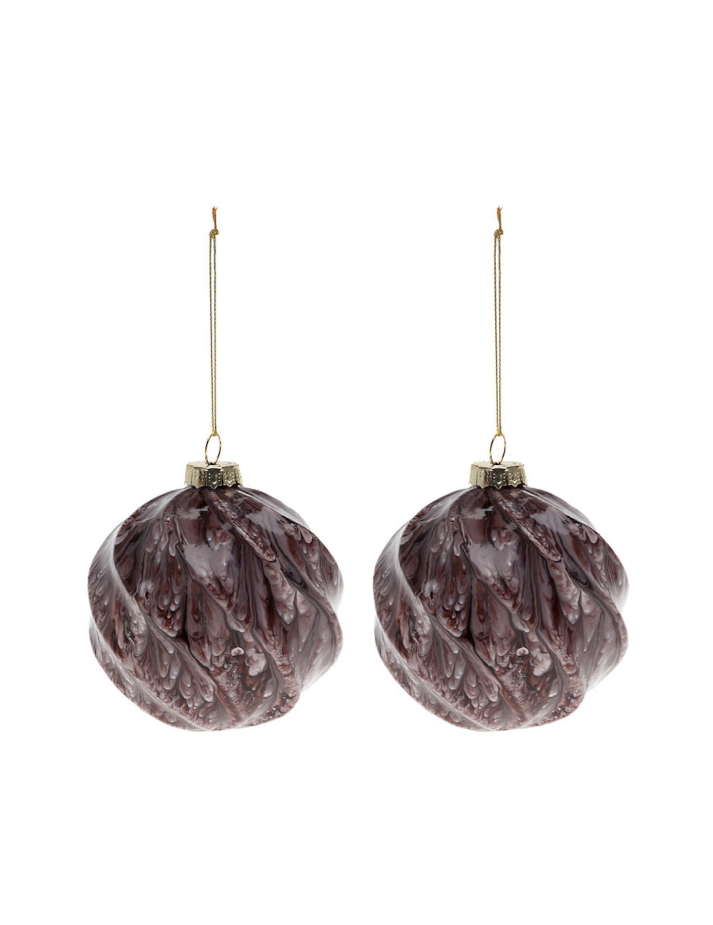 Lot de 2 boules en verre marbrées pour sapin de Noël marron effet écorce