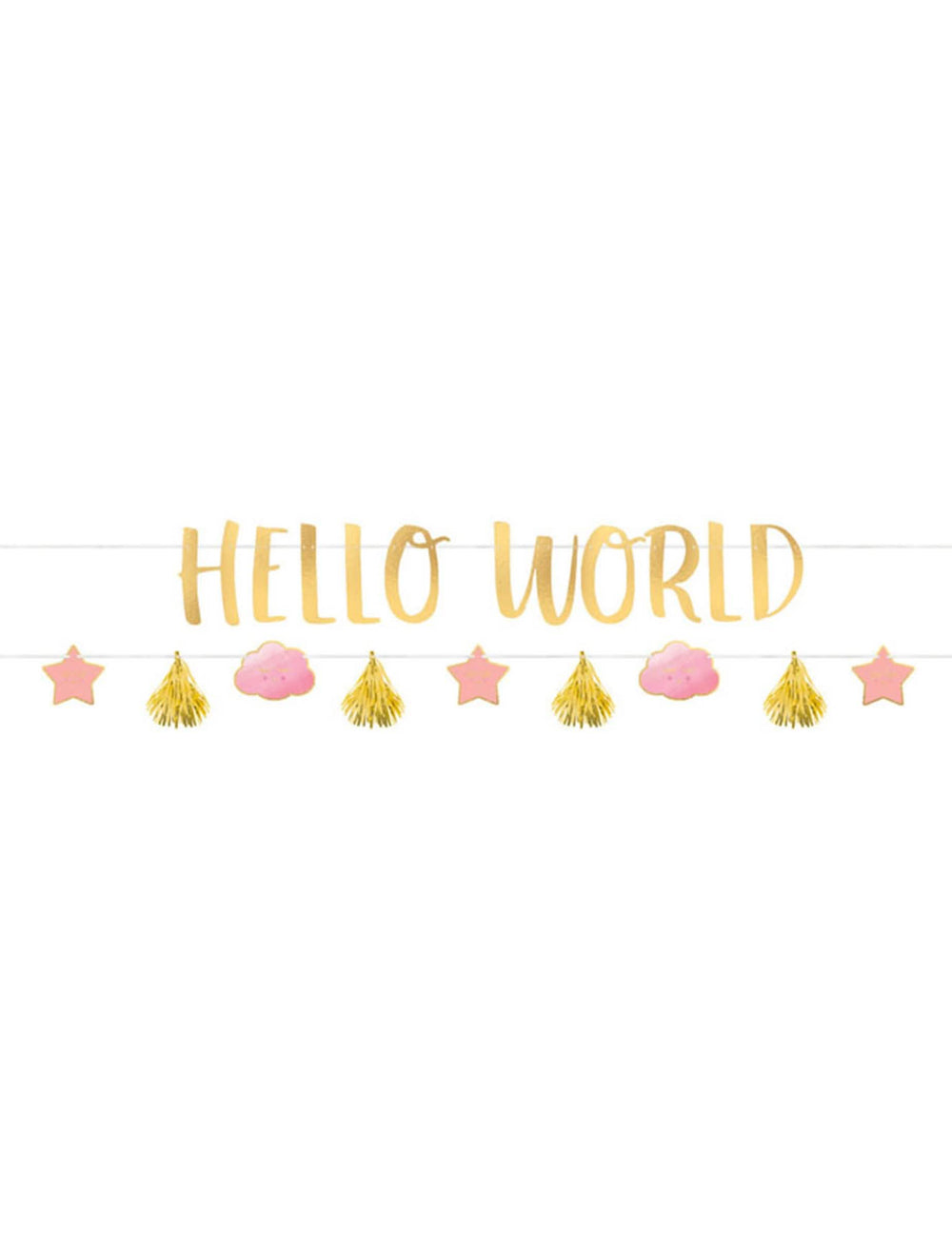 Гирлянди от картон Hello World за бебешко парти розов и злато