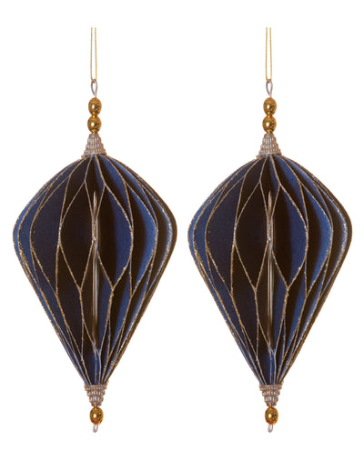 2 suspensions origami losanges pour décoration bleus et or
