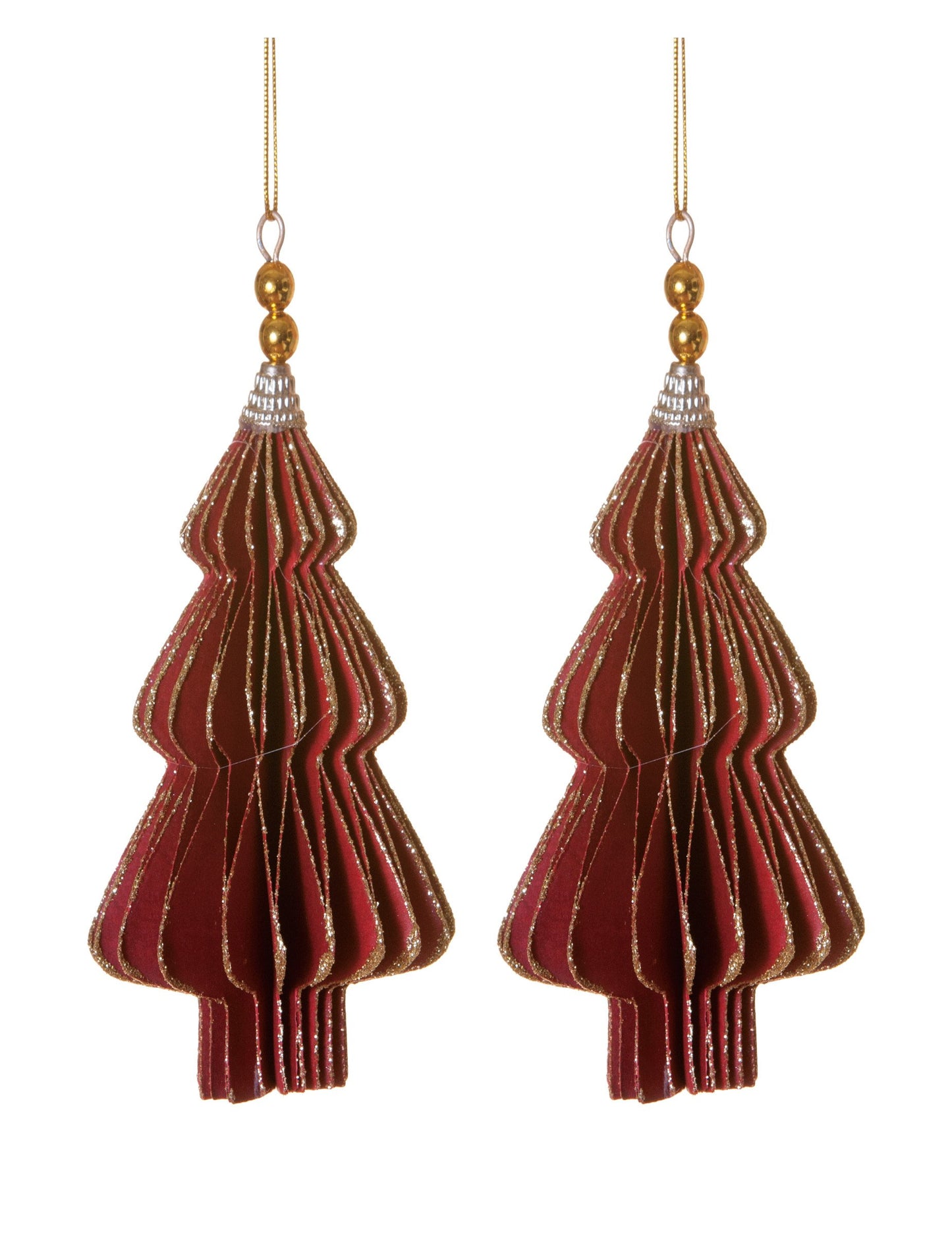 2 висящи декорации за червена ела с оригами 13 cm със златни ръбове