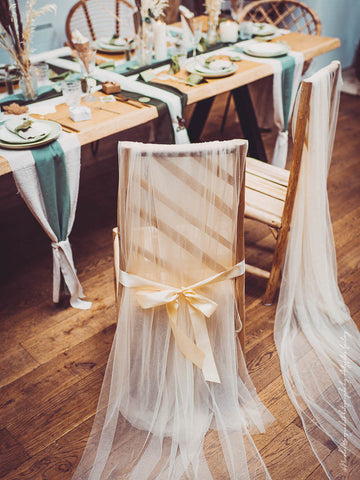2 воала за столове в цвят слонова кост и сатенени панделки, 2.6 x 1.6 м, шикозна сватба