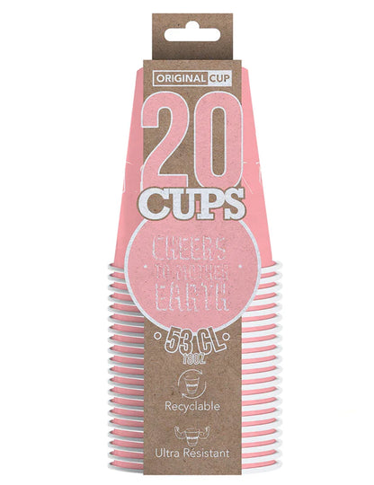 Vue de face de l'emballage des gobelets américains rose pastel en carton recyclable