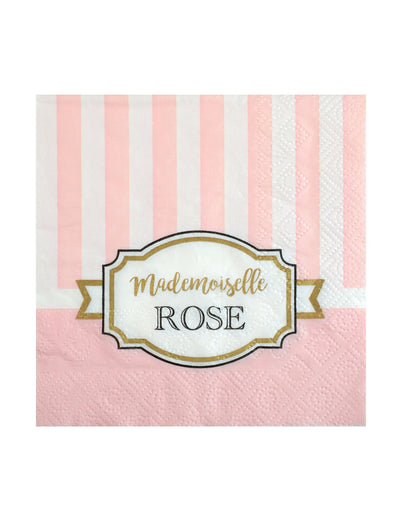 Serviettes en papier Mademoiselle rose pour baby shower rose à rayures blanches