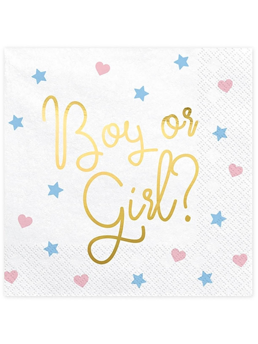 хартиени салфетки Boy or Girl за бебешко парти, бели със златни надписи, сърца и звезди