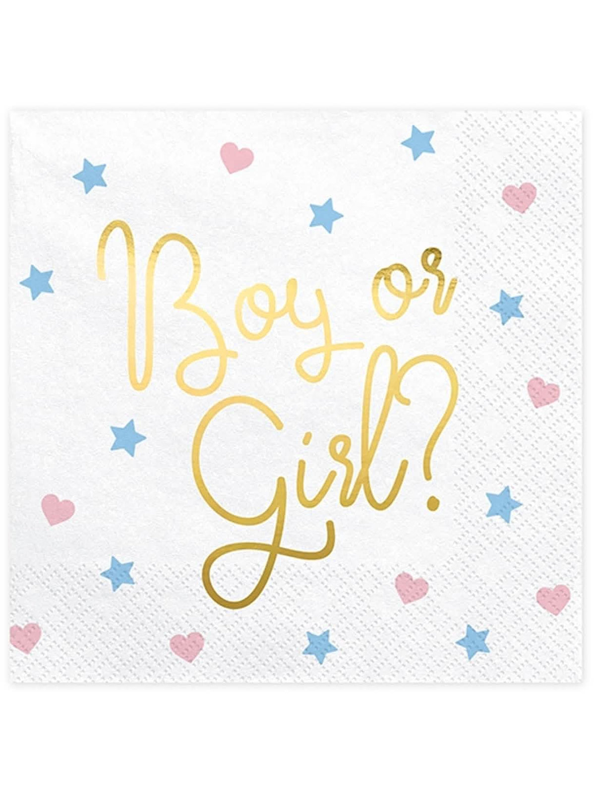 хартиени салфетки Boy or Girl за бебешко парти, бели със златни надписи, сърца и звезди