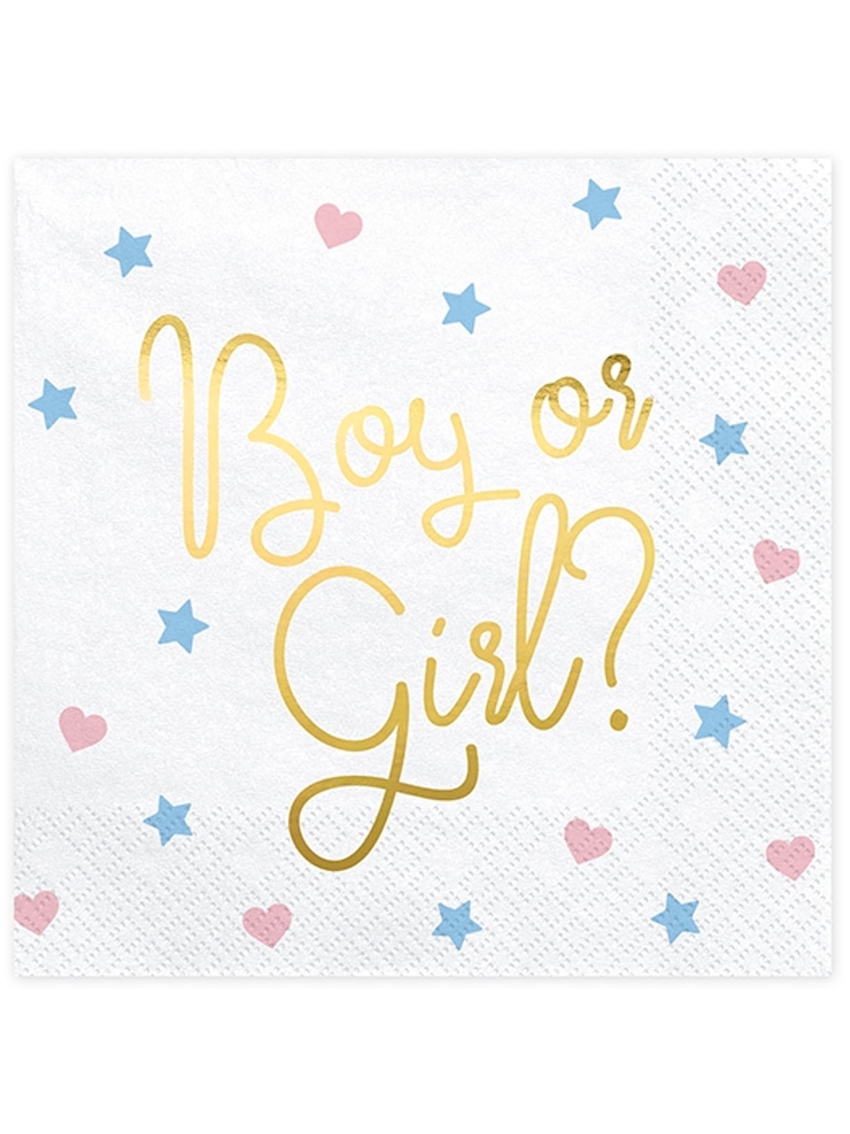 Serviettes en papier Boy or Girl pour baby shower blanches avec inscriptions dorées cœurs et étoiles