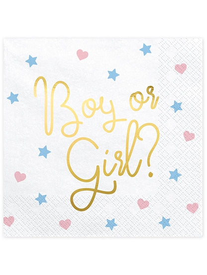 Serviettes en papier Boy or Girl pour baby shower blanches avec inscriptions dorées cœurs et étoiles