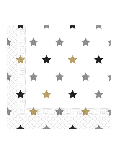 Serviettes en papier étoiles doré noir et argent chic