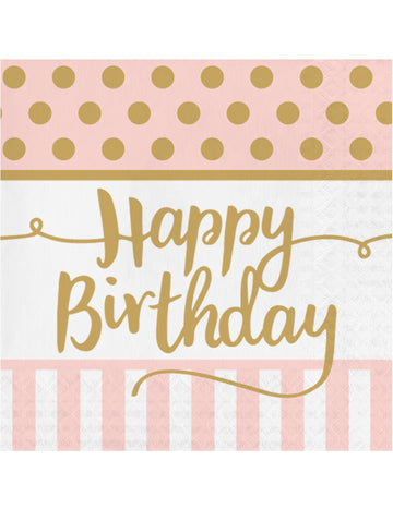 20 розови и златни хартиени салфетки „Честит рожден ден“, 33 x 33 cm за рожден ден