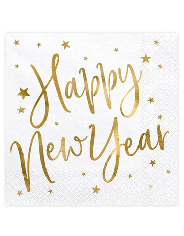 20 бели и златни хартиени салфетки "Честита Нова Година", 33 x 33 см cm звезда