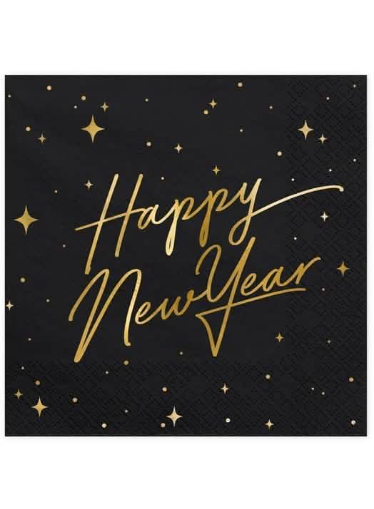 хартиени салфетки Happy New Year черни и златни с декор със звезди