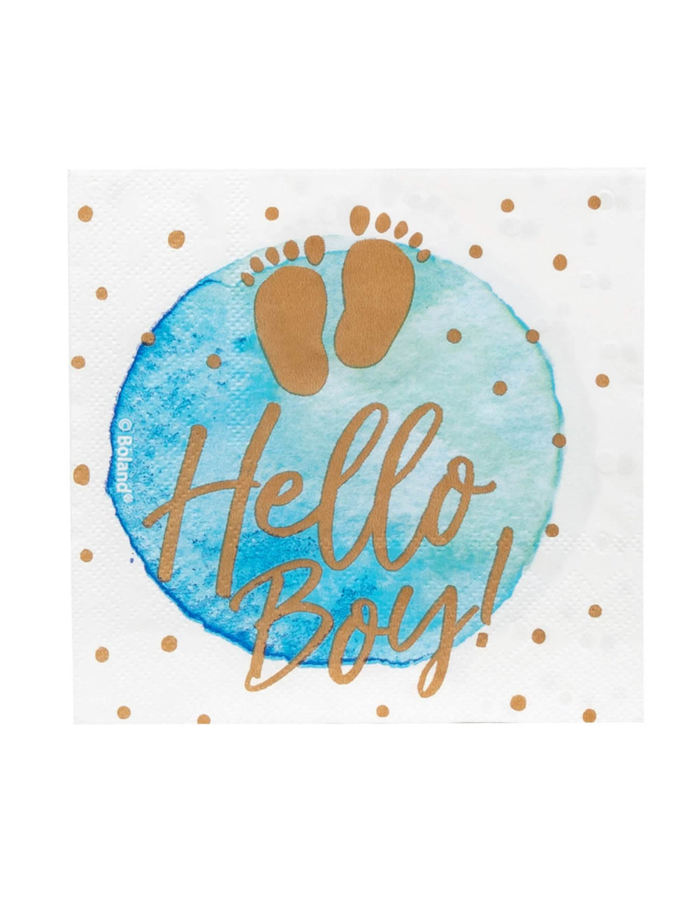 хартиени салфетки hello boy за baby shower син и злато с отпечатъци от крачета
