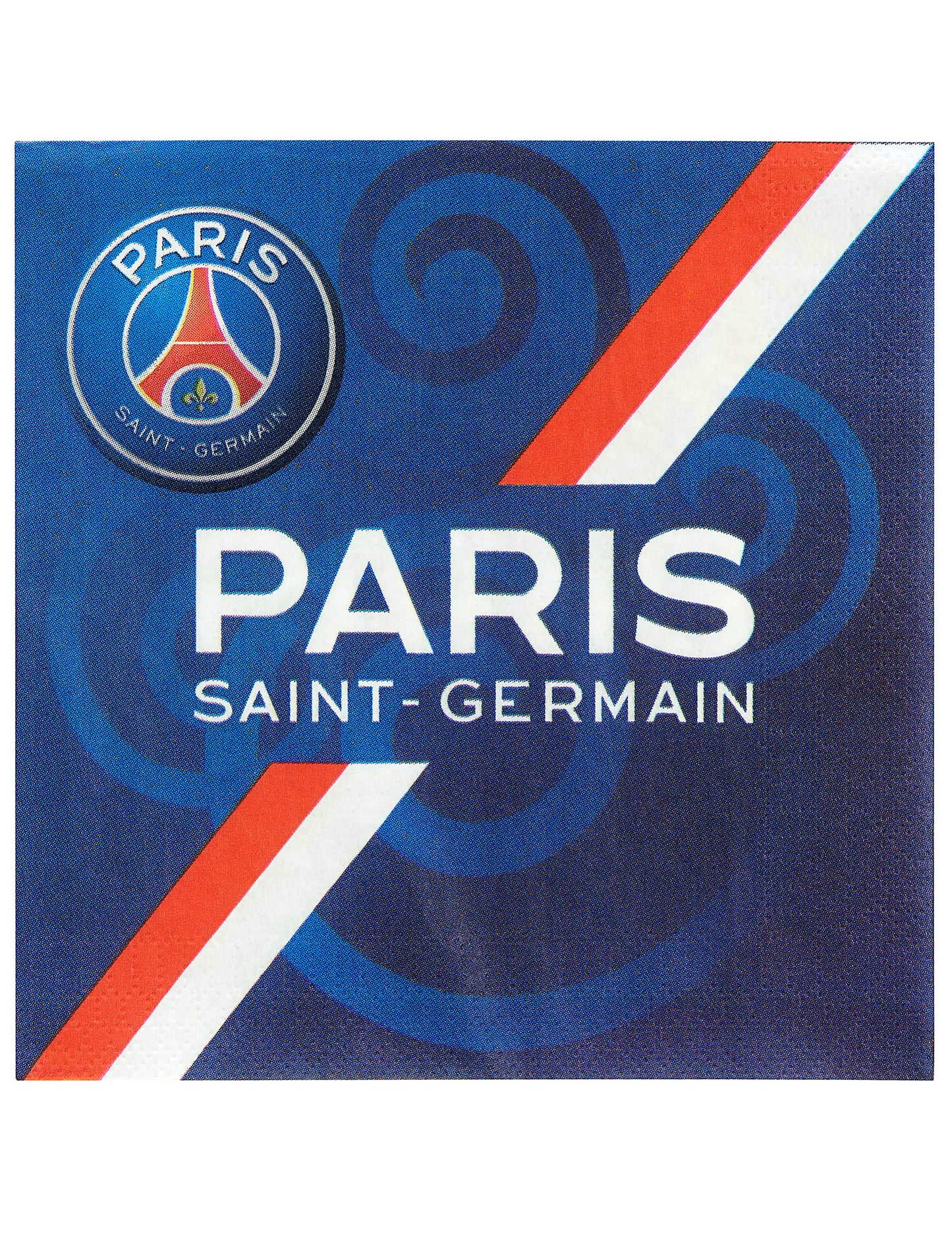 Serviettes en papier PSG bleues avec logo et bandes rouges et blanches