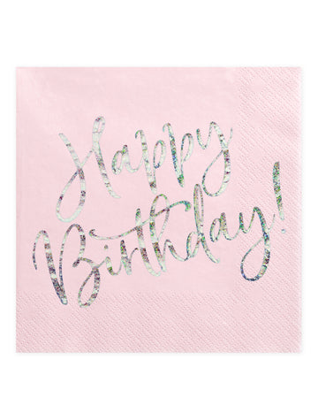 20 serviettes en papier roses happy birthday iridescent 33 x 33 cm pour fête